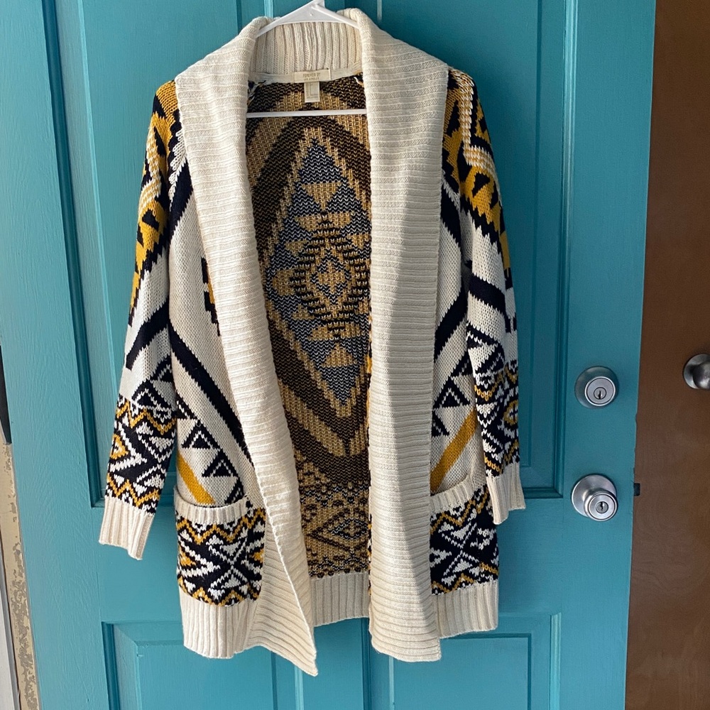 Forever 21 Cream, Mustard & Black Aztec Open-Front Cardigan